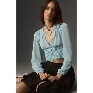 Anthropologie Sky Light Blue Femme Ruchet Crop Top Sheer Shirt XS